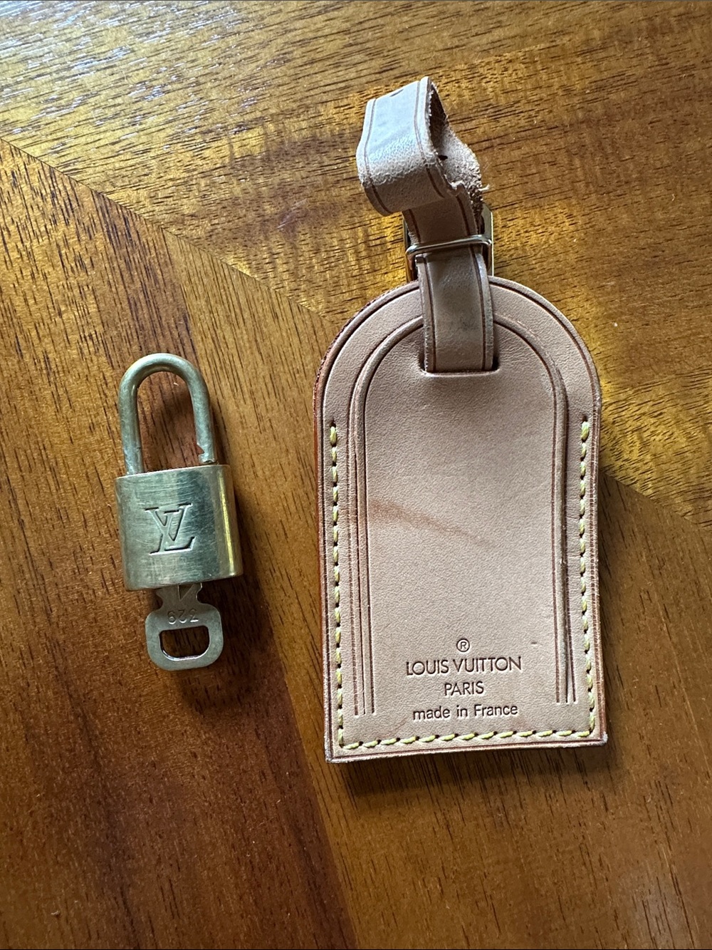 Louis Vuitton Natural Tan Leather Luggage Tag with Brass Lock and Key Padlock